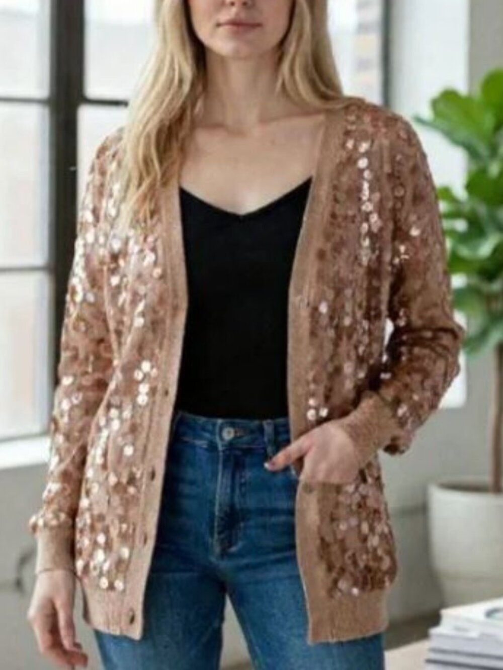 Gorgeous Chico's Open-Front Cardigan Tan with Clear Sequin size 2 US L 12/14